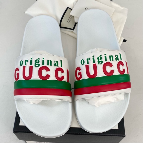 Mens Gucci “Original Gucci” Leather Rubber Pool Slide Sandal 10 GG White Logo - Picture 2 of 6
